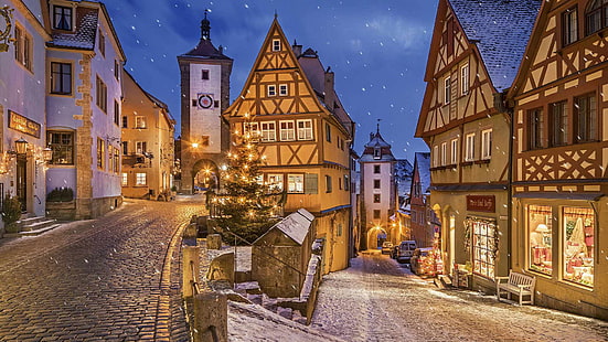  night, lights, home, Germany, Bayern, Christmas, Rothenburg Ob der Tauber, Rothenburg-Ob-der-Tauber, square Plonlein, HD wallpaper HD wallpaper