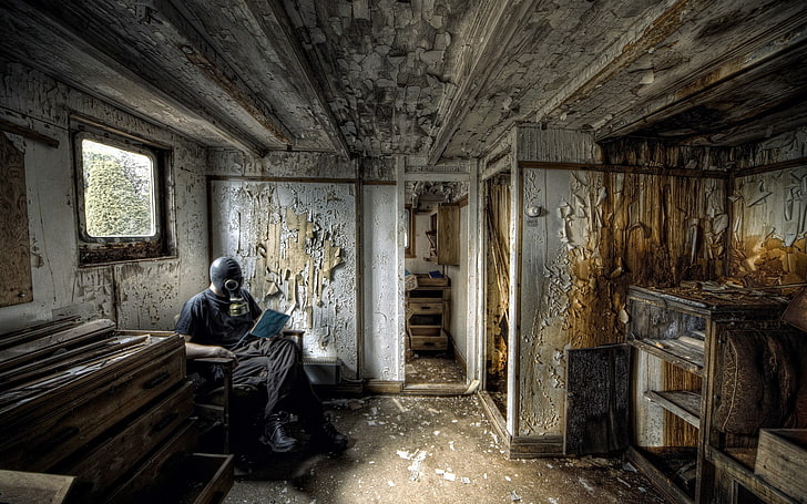 interior, room, chair, wall, cupboard, men, sitting, reading, books, gas masks, abandoned, grunge, apocalyptic, HD wallpaper