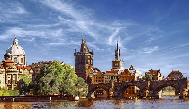 bridge, the city, river, building, home, Prague, Czech Republic, tower, architecture, Vltava, HD wallpaper