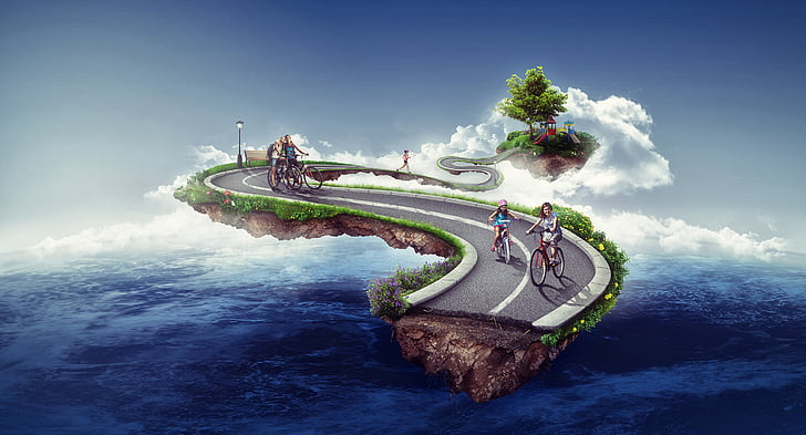 flying asphalt road illustation, Floating island, People, Clouds, HD, HD wallpaper