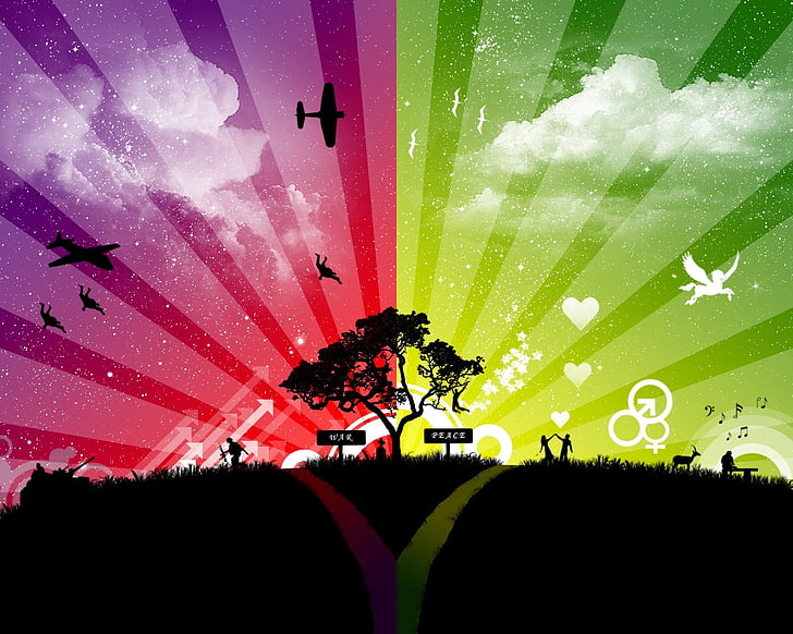 siluet pohon dan pesawat, perang, kedamaian, Yin dan Yang, membelah, Wallpaper HD