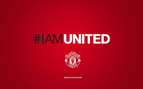 Iam United Manchester United-Logo Merek Sports HD .., latar belakang merah dengan hamparan teks, Wallpaper HD HD wallpaper