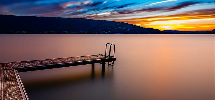 photo of dock during golden hour, annecy, annecy, Annecy, photo, dock, golden hour, lake, nature, outdoors, landscape, water, sunset, scenics, tranquil Scene, sky, wood - Material, pier, no People, mountain, jetty, dusk, reflection, HD wallpaper