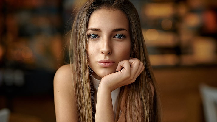 woman's face, women's brown hair, blonde, gray eyes, touching face, long hair, straight hair, bare shoulders, model, looking at viewer, Alex Fetter, Giusy Iacobello, HD wallpaper