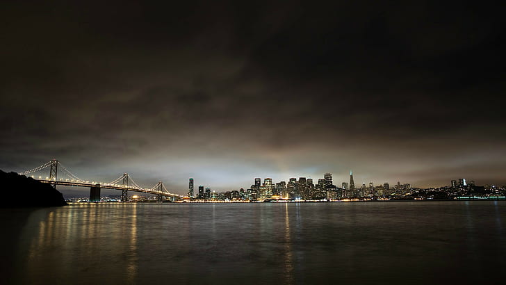 Oakland Bay Bridge, cityscape, bridge, clouds, USA, skyscraper, San Francisco, city, waves, skyline, HD wallpaper