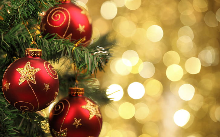 Primo piano dell'albero di Natale, bagattelle rosse, vacanze, 2560x1600, luce, natale, buon natale, decorazione, Sfondo HD