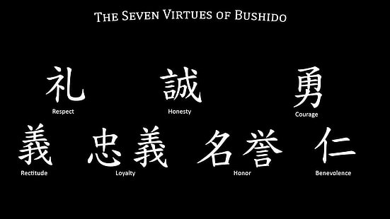 De sju dygderna av Bushido psoter, De sju dygderna av Bushido text, citat, bushido, typografi, minimalism, HD tapet HD wallpaper