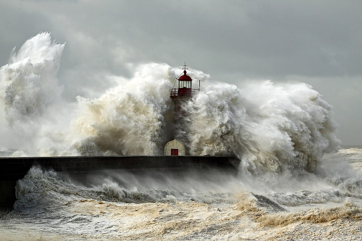 منارة أمواج البحر اللوحة ، موجة ، عاصفة ، المحيط ، عنصر ، منارة، خلفية HD