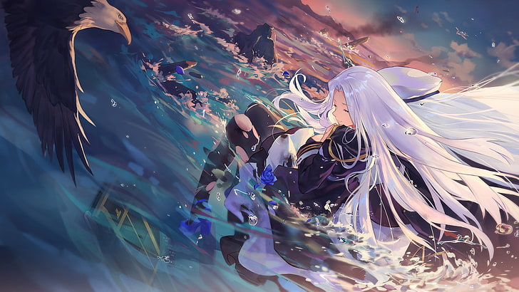 female with white haired anime character, anime girls, Azur Lane, bald eagle, water, anime, fantasy girl, long hair, closed eyes, HD wallpaper