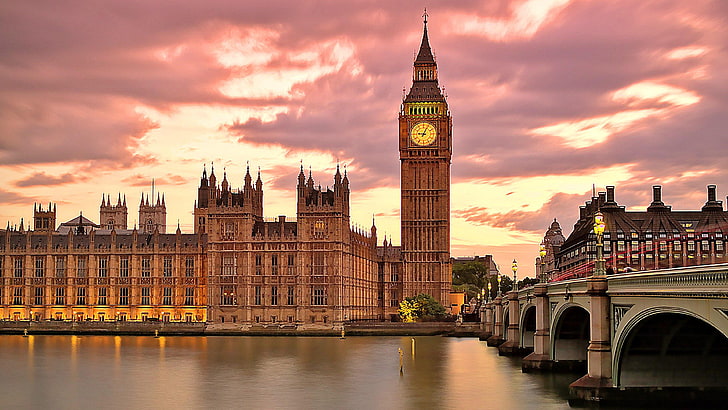 Биг Бен Великие Белые Часы В Лондонском Дворце Вестминстерский Мост через Темзу Закат Великобритания Обои для рабочего стола 3840 × 2160, HD обои