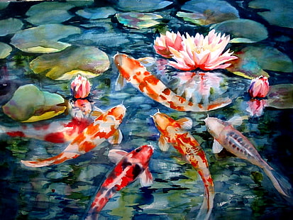 Koi Fish Fish Painting HD, pintura de peixes koi variados, digital / artwork, pintura, peixe, koi, HD papel de parede HD wallpaper
