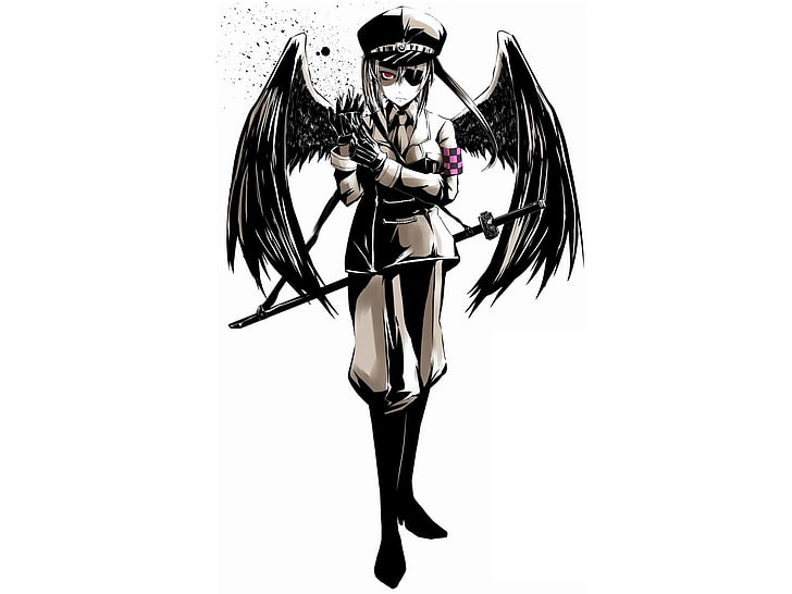 женщина с крыльями и мечом цифровые обои, девушка, глаза, крылья, перчатки, кепка, HD обои