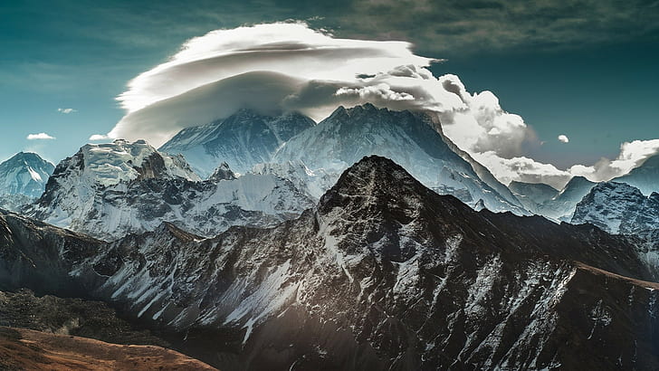 холмы, облака, небо, снег, Непал, снежная вершина, Гималаи, пейзаж, природа, горы, HD обои