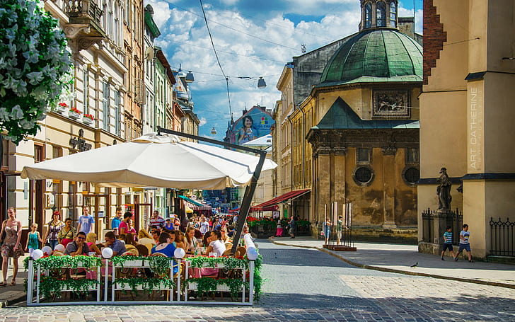 Ukraine, Lviv, city, white outdoor parasol, lions, city, Ukraine, lviv, HD wallpaper