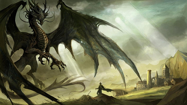 рицар пред летящ дракон цифров wappaer, Фантазия, Дракон, HD тапет