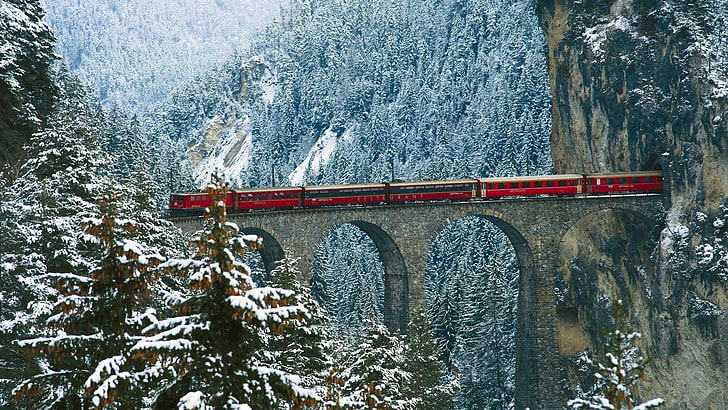 tren rojo y negro, túnel, puerto de montaña, acantilado, tren, puente, arco, montañas, pinos, nieve, Alpes, Fondo de pantalla HD