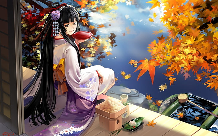 검은 머리 여성 애니메이션 캐릭터 벽지, 애니메이션, 소녀, 게이샤, 기모노, HD 배경 화면