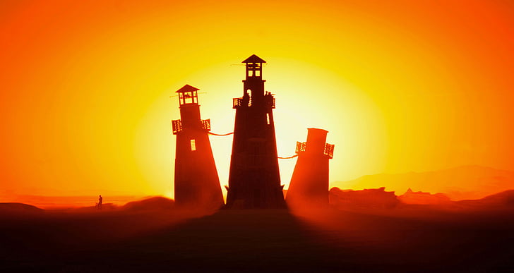 silhouette of three towers, Lighthouses, Burning Man, Nevada, 4K, HD wallpaper