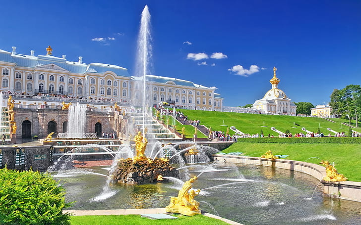 نافورة قصر بيترهوف ، منظر طبيعي، خلفية HD