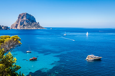 Felsen, Ibiza, Meer, Schiffe, Spanien, HD-Hintergrundbild HD wallpaper