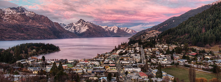 Queenstown At Dusk, urban city, Oceania, New Zealand, Lake, Mountains, Houses, queenstown, Wakatipu, HD wallpaper