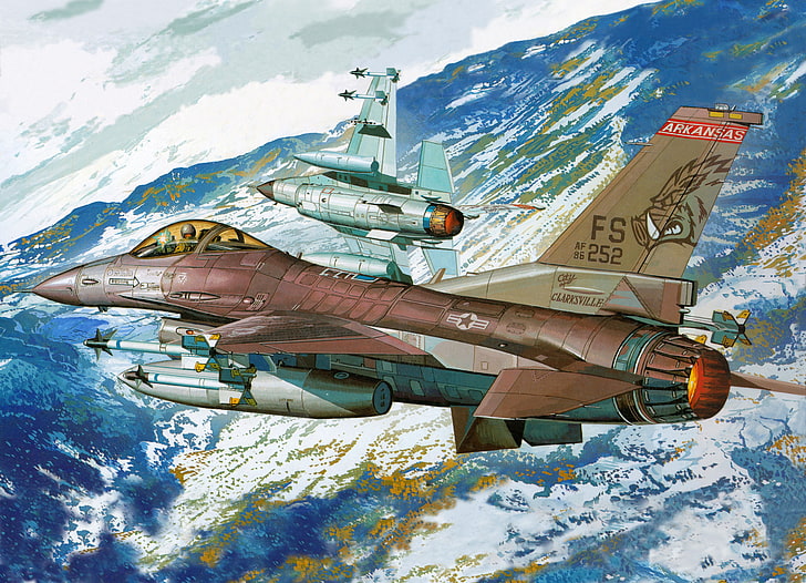 Ilustración de avión de combate marrón y gris, aviación, montañas, luchador, arte, el avión, BBC, F-16, Fondo de pantalla HD