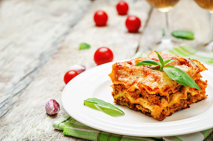 Essen, Teller, Knoblauch, Füllung, Basilikum, Lasagne, Tomaten-Kirsche, HD-Hintergrundbild