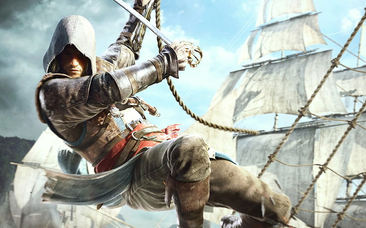 Assassin's Creed, fond d'écran, navires, pirate, Edward Kenway, drapeau noir Assassin's Creed IV, Fond d'écran HD
