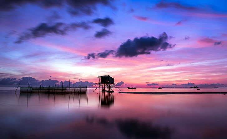 nature, clouds, water, pink, reflection, calm, horizon, HD wallpaper