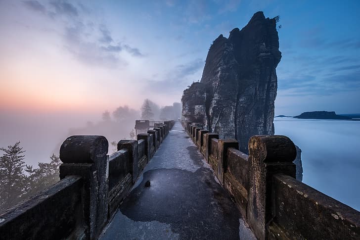 แนวนอน ภูเขา สะพาน ธรรมชาติ หมอก หิน ตอนเช้า เยอรมนี Saxon Switzerland อาร์เรย์ Bastei Martin Rak, วอลล์เปเปอร์ HD