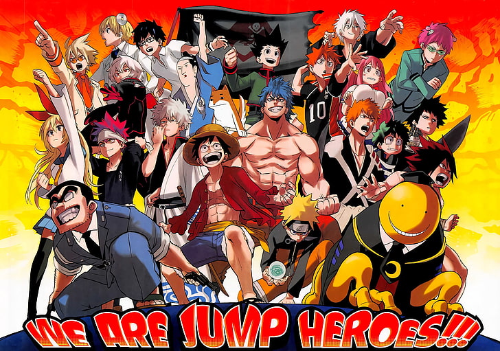 Anime, Crossover, Chitoge Kirisaki, Gintoki Sakata, Gon Freecss, Ichigo Kurosaki, Koro-sensei, Monkey D. Luffy, Naruto Uzumaki, Shōyō Hinata, Sōma Yukihira, Fondo de pantalla HD