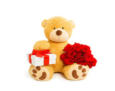 mainan mewah beruang kuning dan coklat, cinta, hadiah, mawar, beruang, hati, romantis, Hari Valentine, Teddy, Wallpaper HD HD wallpaper