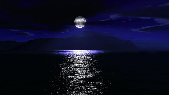 linda noite, céu noturno, noite, lua, lua cheia, natureza, HD papel de parede HD wallpaper