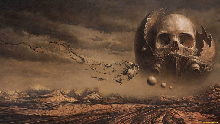 gray skull wallpaper, fantasy art, skull, artwork, dark fantasy, sky, landscape, HD wallpaper