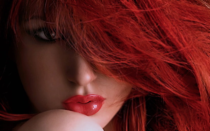 ilustrasi karakter anime wanita, rambut dicat, bibir, rambut merah, lipstik merah, wajah, wanita, Wallpaper HD