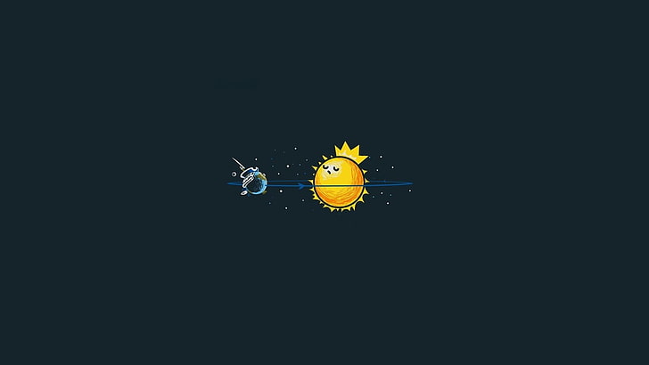 ilustracja króla słońca i bomby, minimalizm, bezgwintowe, przestrzeń, słońce, ziemia, księżyc, niebieski, animacja, proste tło, sztuka cyfrowa, Tapety HD