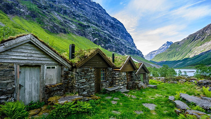 evler, dağlar, norveç, avrupa, mimari, yapı, şaşırtıcı, çarpıcı, manzara, fiyort, HD masaüstü duvar kağıdı