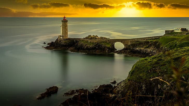 road, sea, landscape, sunset, bridge, stones, rocks, shore, France, lighthouse, Brittany, Phare du Petit Minou, HD wallpaper