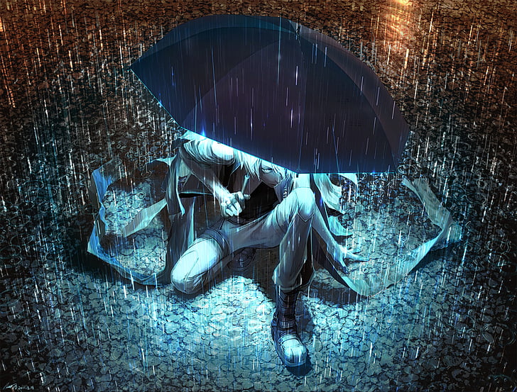 anime, mrok, sztuka cyfrowa, światła, noc, oryginał, deszcz, parasol, parasole, krople wody, Tapety HD