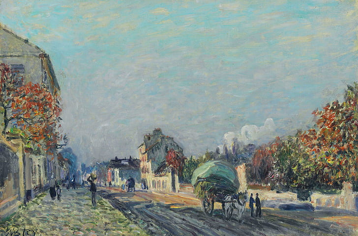 trees, landscape, the city, home, picture, wagon, Alfred Sisley, Street in Marly, HD wallpaper