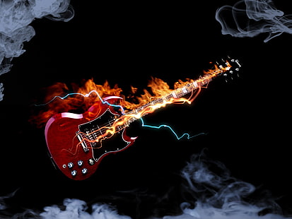 赤と黒の燃焼エレクトリックギターの壁紙、音楽、ギブソン、 HDデスクトップの壁紙 HD wallpaper
