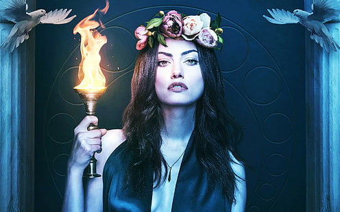 The Originals series, women's purple and white floral wreath and brass torch, actress, series, The Originals, Phoebe Tonkin, The ancients, the firstborn, HD wallpaper HD wallpaper