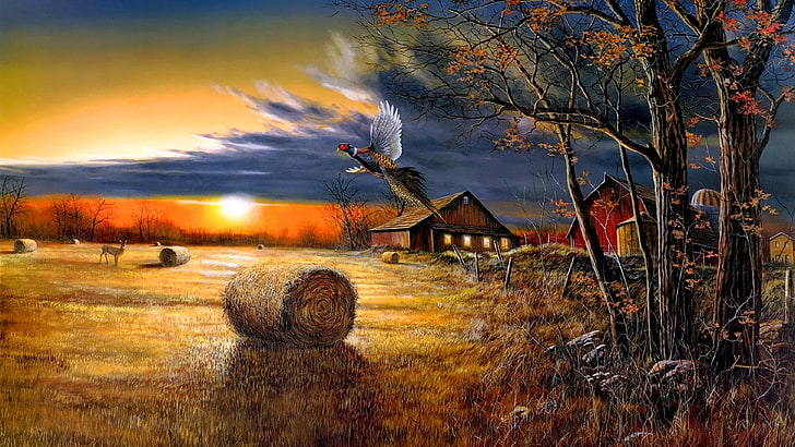painting, birds, landscape, nature, rustic, farmlands, country, sunset, life, HD wallpaper