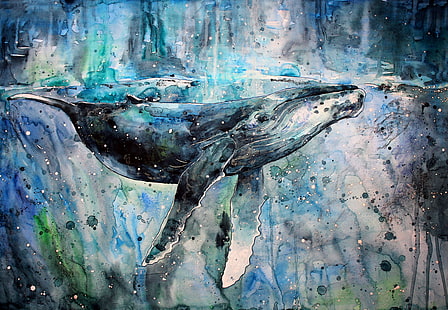 живопис на гърбав кит, кит, произведения на изкуството, акварел, пръски боя, животни, живопис, HD тапет HD wallpaper