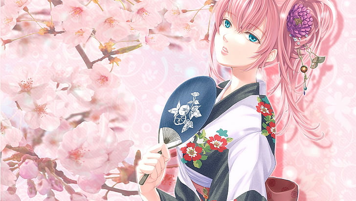 anime, anime girls, long hair, pink hair, blue eyes, looking at viewer, Japanese clothes, cherry blossom, HD wallpaper