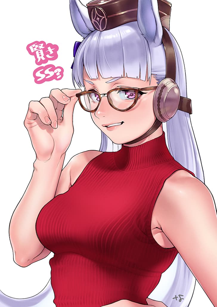 Uma Musume Pretty Derby, red sweater, blunt bangs, anime girls, meganekko, big boobs, sleeveless, simple background, purple eyes, silver hair, ear muffs, pink lipstick, turtlenecks, anime, looking at viewer, Gold Ship (Uma Musume), 2D, long hair, vertical, smile, parted lips, horse girls, women with glasses, touching glasses, standing, solo, animal ears, alternate costume, grin, fan art, artwork, Nanja (artist), HD wallpaper