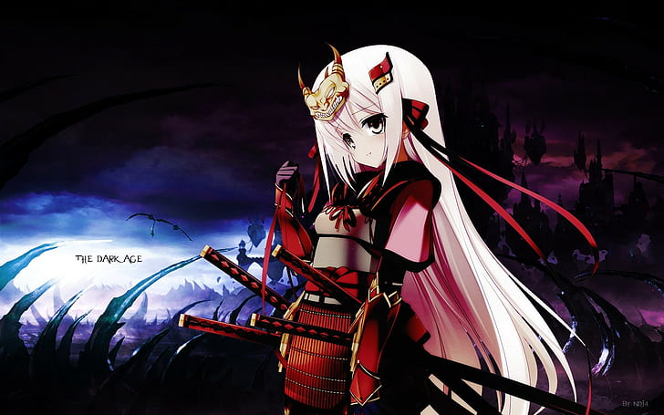 Anime, Rüstung, dunkel, Mädchen, Haare, Katana, lange, Ornamente, rosa, Bänder, Samurai, Schwerter, Waffen, HD-Hintergrundbild
