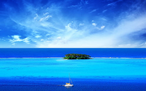 Blue Sea Blue Sky !!! ، جزيرة ، طبيعة ، محيط ، قارب ، أزرق ، شاشة عريضة ، ثلاثي الأبعاد وملخص، خلفية HD HD wallpaper