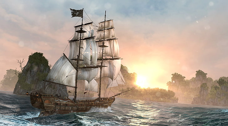 Assassin's Creed IV Black Flag Ship, statek galeonowy w pobliżu gór skalistych tapeta, gry, Assassin's Creed, statek, czarny, flaga, Tapety HD