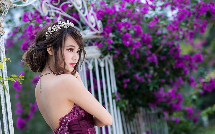 Asian, women, women outdoors, flowers, model, HD wallpaper